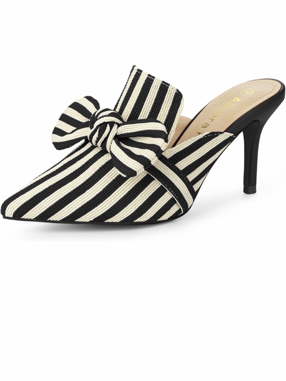 Striped Knot Pointed-Toe Mule Heel - Black & Cream
